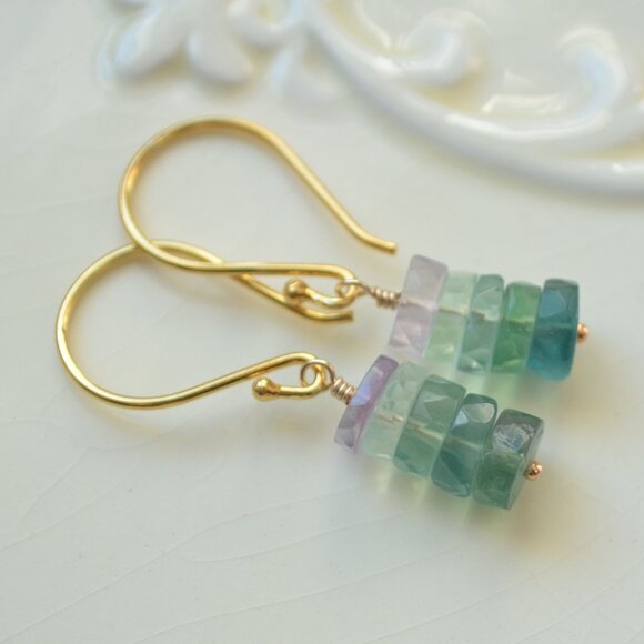 Fluorite Stack Earrings in Gold Vermeil - Hand Made in Canada - Picture 7 of 10
